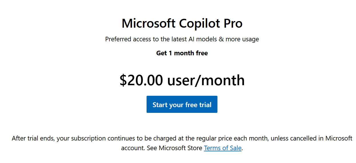 Microsoft Copilot pro's pricing starting at $20 user/month
